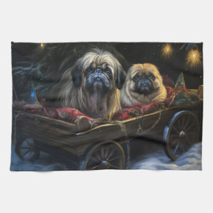 Pekingese Snowy Sleigh Christmas Decor Tea Towel