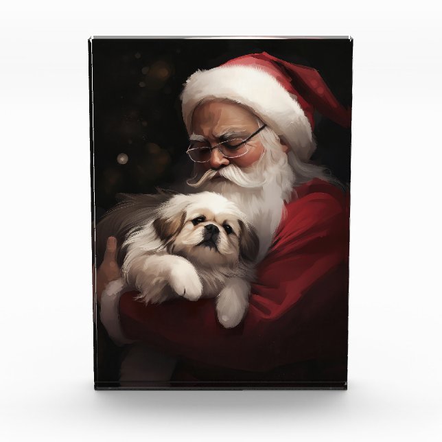 Pekingese With Santa Claus Festive Christmas Photo Block (Front)