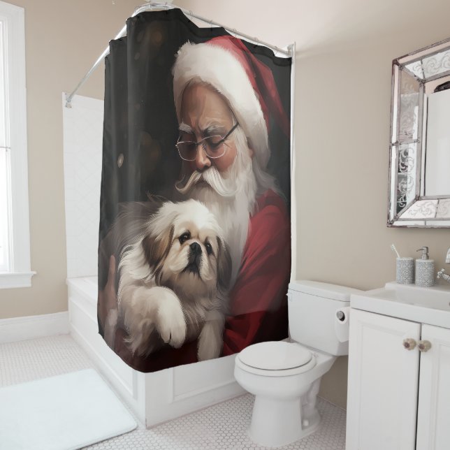 Pekingese With Santa Claus Festive Christmas Shower Curtain (In Situ)