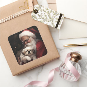 Pekingese With Santa Claus Festive Christmas Square Sticker