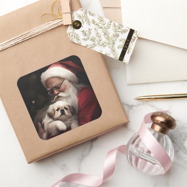 Pekingese With Santa Claus Festive Christmas Square Sticker (Gifting)