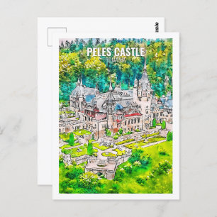 Peles Castle Romania Famous Travel Watercolor Postcard