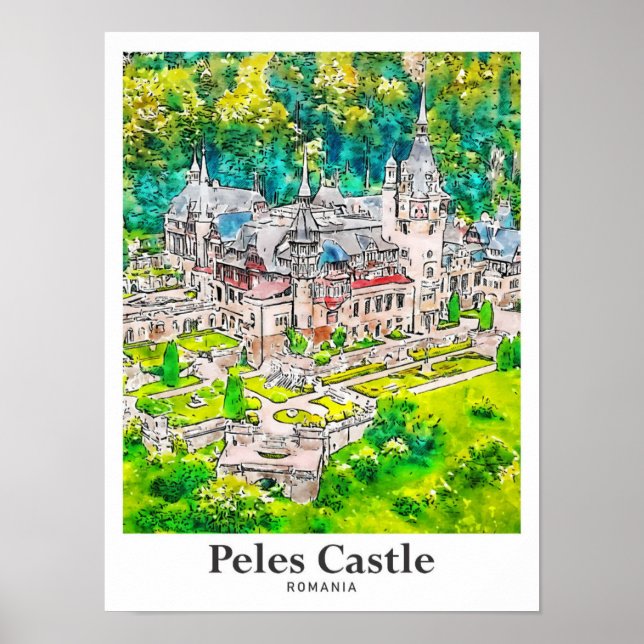 Peles Castle Romania Travel Watercolor Hand Drawn Poster (Front)