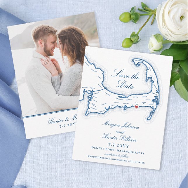 Pelham House Dennis Port Cape Cod Blue Wedding Save The Date (Pelham House Resort Dennis Port MA Wedding Save the Date with Cape Cod Map in elegant navy blue)