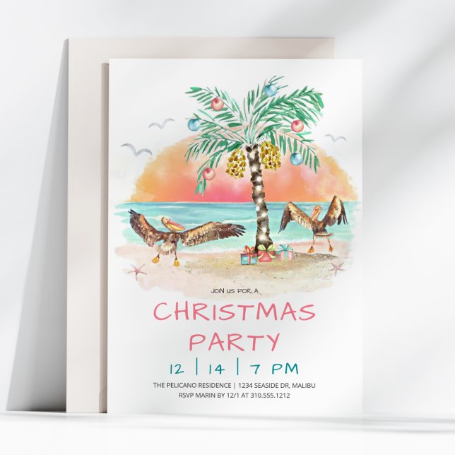 Pelican and Palm Tree Beach Christmas Party  Invitation (Creator Uploaded)