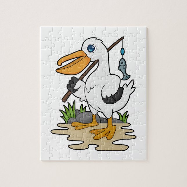 Pelican as Fisher with Fishing rod & Fish Jigsaw Puzzle (Vertical)