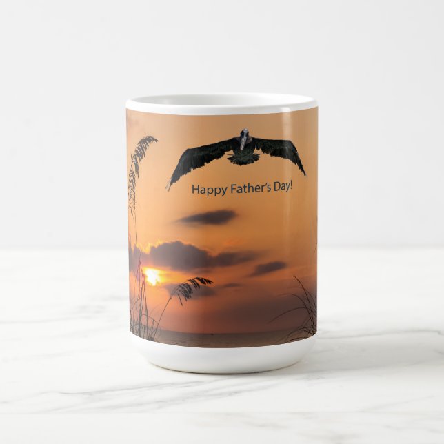 Pelican at sunrise over the ocean Fathers Day Magic Mug (Center)