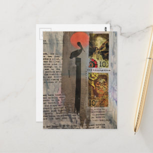 Pelican bird and stamps mixed media collage postcard