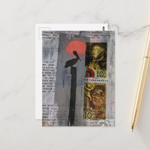 Pelican bird and two stamps mixed media collage postcard