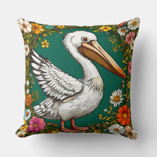 Pelican Bird Floral Coastal Blooming Nature Decor Cushion