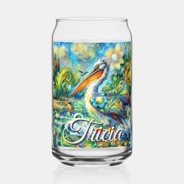 Pelican Bird in Wonderland Floral Personalised Can Glass (Front)
