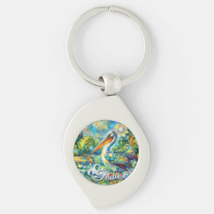Pelican Bird in Wonderland Floral Personalised Key Ring