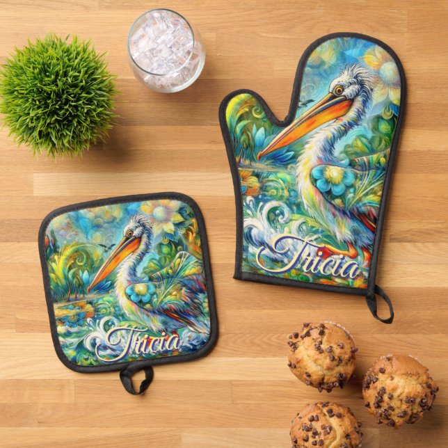 Pelican Bird in Wonderland Floral Personalised Oven Mitt & Pot Holder Set (Top Down)