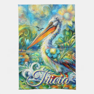 Pelican Bird in Wonderland Floral Personalized Tea Towel