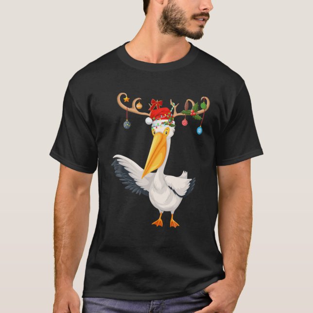 Pelican Bird Xmas Gift Reindeer Santa Hat Pelican T-Shirt (Front)
