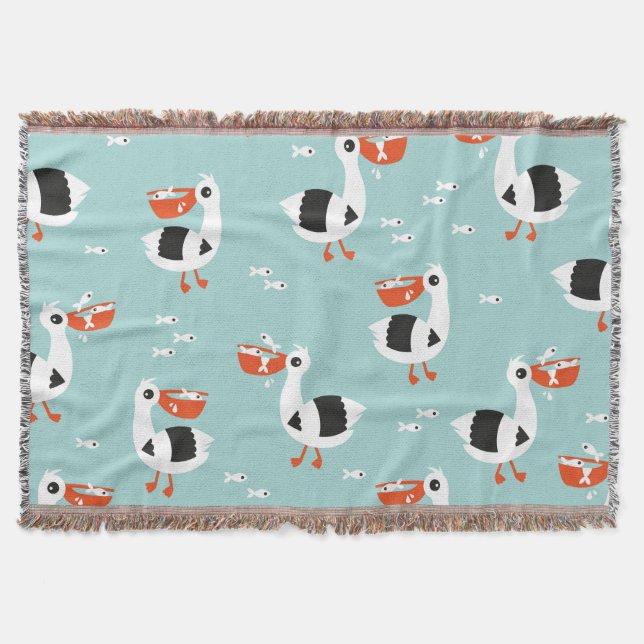 Pelican birds and fish ocean boys pattern throw blanket (Front)