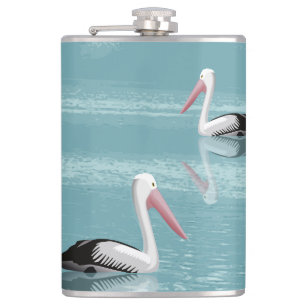 Pelican Couple Paddling on Calm Aqua Water Hip Flask