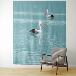 Pelican Couple Paddling on Calm Aqua Water Tapestry