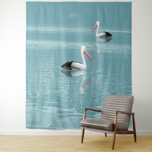 Pelican Couple Paddling on Calm Aqua Water Tapestry (In Situ)