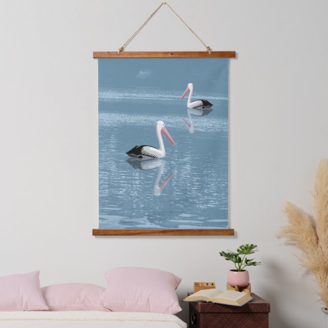 Pelican Couple Paddling on Calm Blue Water Hanging Tapestry (Bedroom)