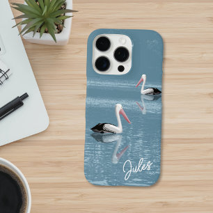 Pelican Couple Paddling on Calm Blue Water Name iPhone 16 Pro Case