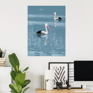 Pelican Couple Paddling on Calm Blue Water Poster
