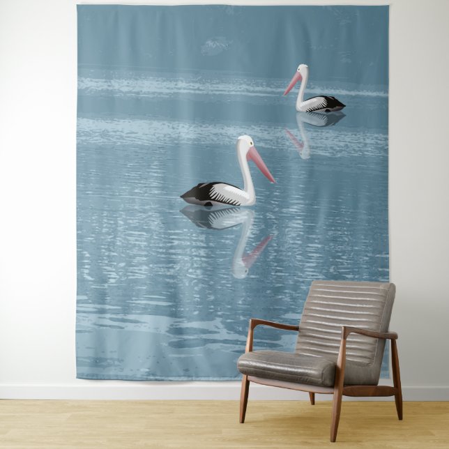 Pelican Couple Paddling on Calm Blue Water Tapestry (In Situ)