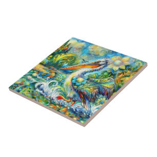 Pelican in Wonderland Floral Green Blue Yellow Tile