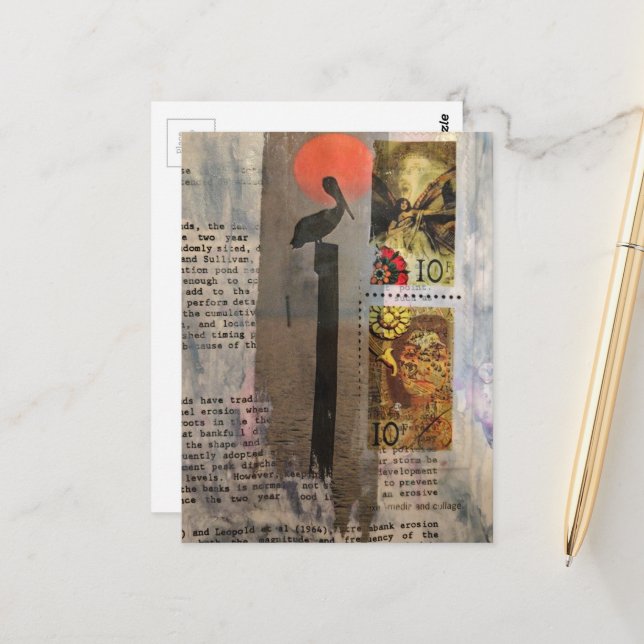 Pelican mixed media collage postcard (Front/Back In Situ)