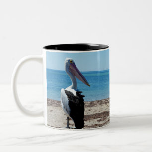 Pelican On Beach Rock, Two-Tone Coffee Mug