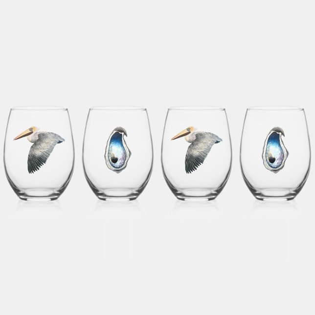 Pelican & Oyster Stemless Wine Glass - 4 set (Front)