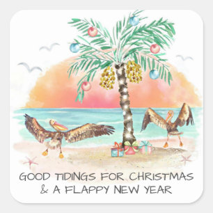 Pelican Palm Tree Good Tidings Christmas Square Sticker
