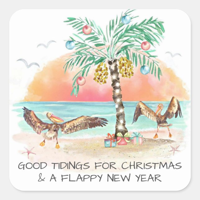 Pelican Palm Tree Good Tidings Christmas Square Sticker (Front)