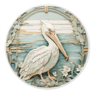 Pelican Sea Bird Art Nouveau Faux R Relief Mint Ceramic Knob