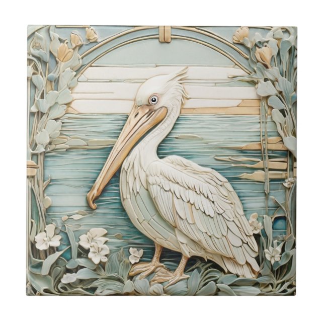 Pelican Sea Bird Art Nouveau Faux Relief Mint Tile (Front)