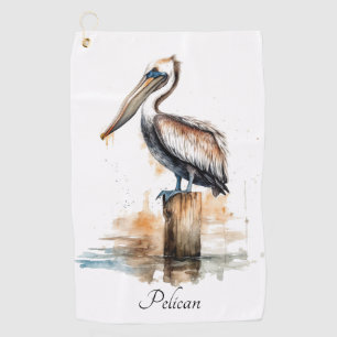 Pelican standing on a pole, customisable golf towel