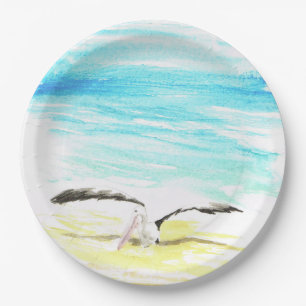 Pelican stretching wings paper plate