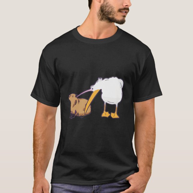 Pelican Tries To Eat Capybara Funny Cute Kawaii Me T-Shirt (Front)