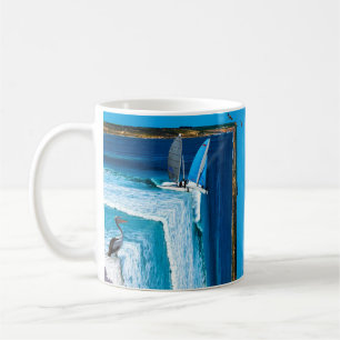 Pelican Watching A Sail Boat, Coffee Mug