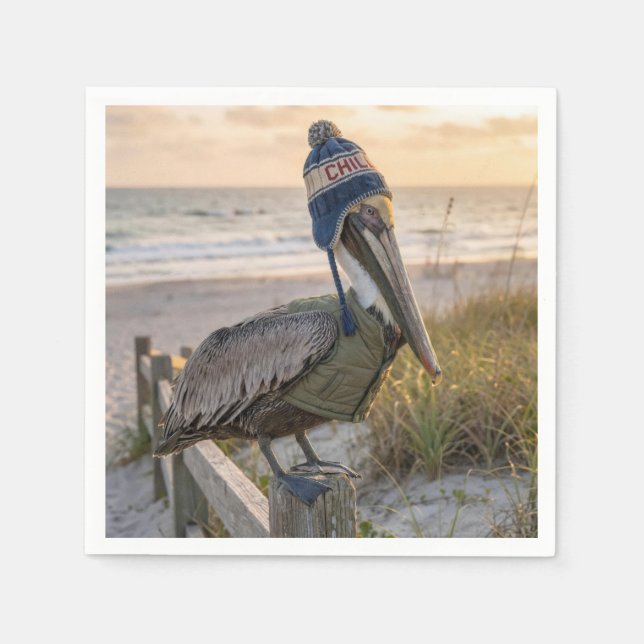 Pelican Wearing a Winter Hat Napkin (Front)