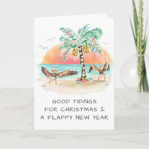 Pelicans and Palm Tree Beach Coastal Christmas Holiday Card