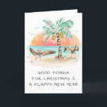 Pelicans and Palm Tree Beach Coastal Christmas  Holiday Card<br><div class="desc">Coastal Christmas card features two pelican sea birds flapping their wings in joy at seeing a palm tree Christmas tree and presents on the beach. Greeting on the front says "Good Tidings For Christmas and a Flappy New Year". The greeting on the inside says "Seas & Greetings". All text can...</div>
