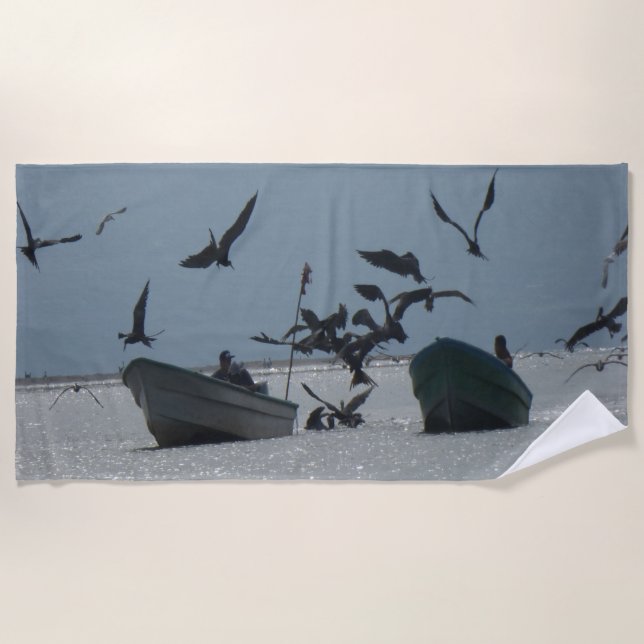 Pelicans around Fishing Boats Beach Towel (Front)