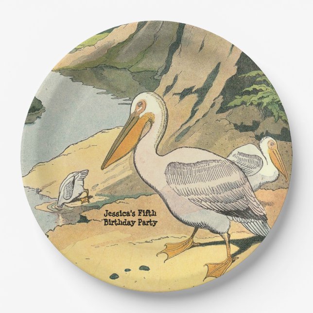 Pelicans on the Beach Birthday Party Paper Plate (Front)