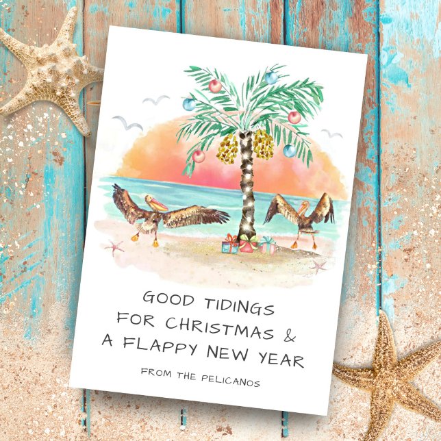 Pelicans & Palm Tropical Beach Coastal Christmas Holiday Card (Creator Uploaded)