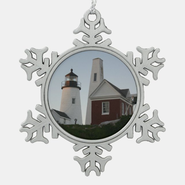 Pemaquid Point Light & Bell House Snowflake Pewter Christmas Ornament (Front)