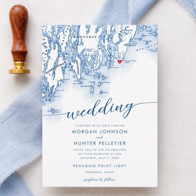 Pemaquid Point Light Wedding Maine Map Invitation (Pemaquid Point Light Wedding Invitation Navy Blue Maine Map by Coastal Map Designs)