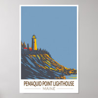 Pemaquid Point Lighthouse Maine Travel Art Vintage