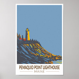 Pemaquid Point Lighthouse Maine Travel Art Vintage Poster