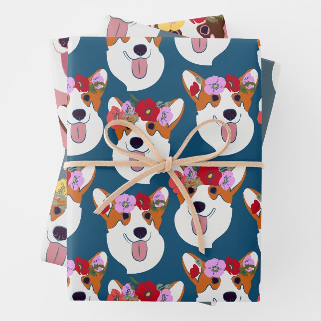 Pembroke Welsh Corgi Cartoon Head in three colours Wrapping Paper Sheet (In situ)